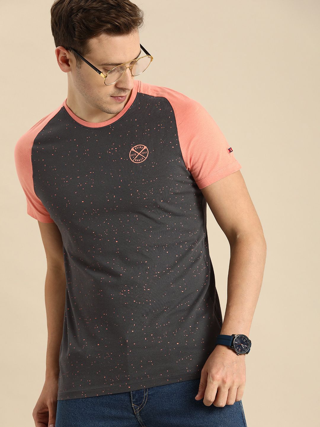 Being Human Men Charcoal & Peach-Coloured Colourblocked Pure Cotton T-shirt