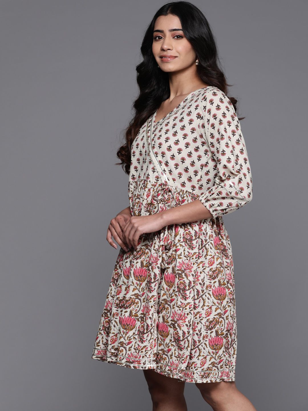 Libas Floral Print V-Neck Puff Sleeve Gathered Or Pleated Wrap Dress