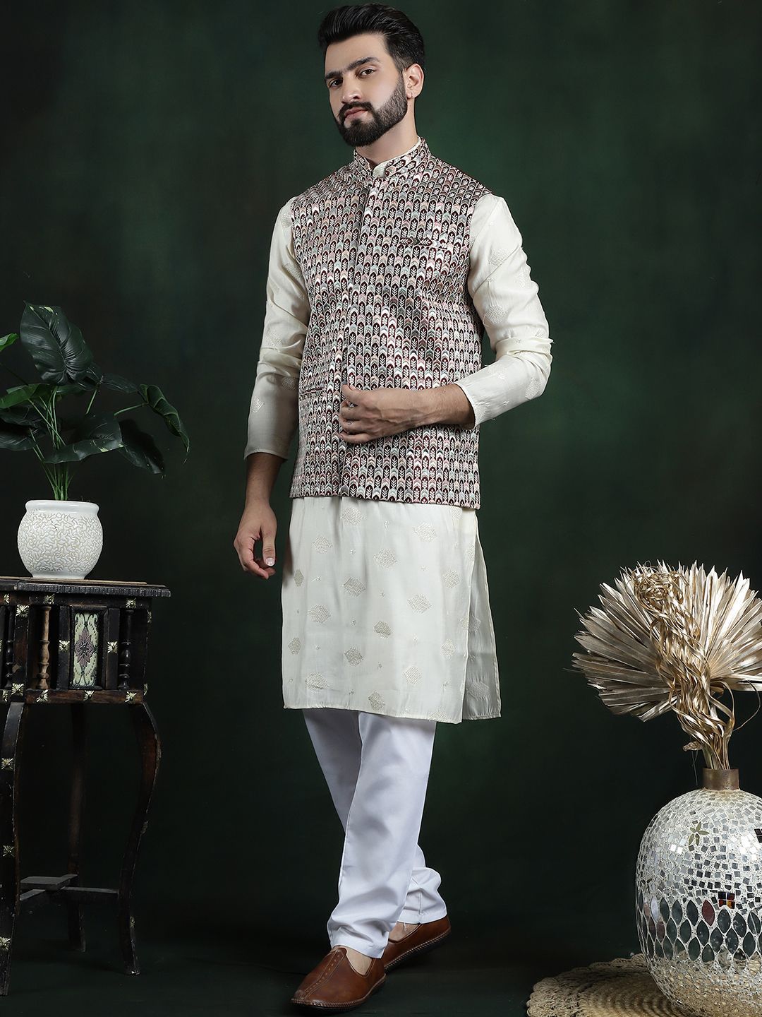 SOJANYA Jaket Nehru Tenunan Geometri Lelaki