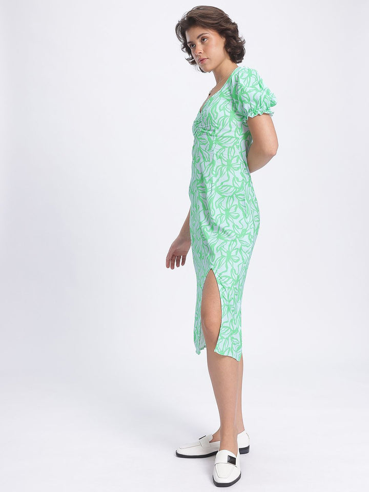DressBerry Floral Muse Sweetheart Neck Ruched Front Slit Detail Sheath Midi Dress