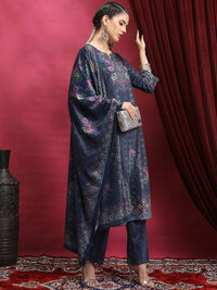 Vishudh Navy Blue Floral Printed Mandarin Collar Straight Kurta & Palazzos With Dupatta