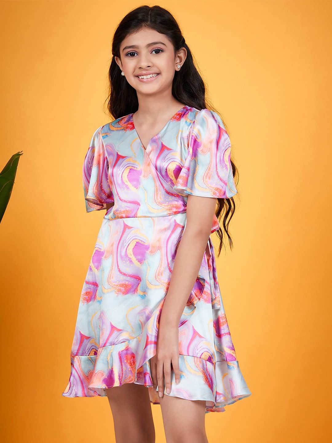 pspeaches Girls Abstract Printed V-Neck Flared Sleeves Tie-Up Satin Fit & Flare Dress