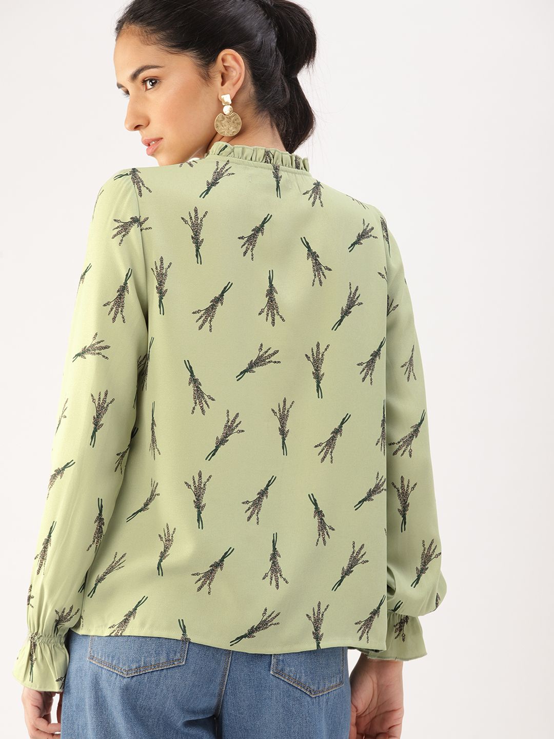 DressBerry Olive Green Floral Shirt Style Top