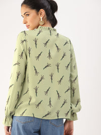 DressBerry Olive Green Floral Shirt Style Top