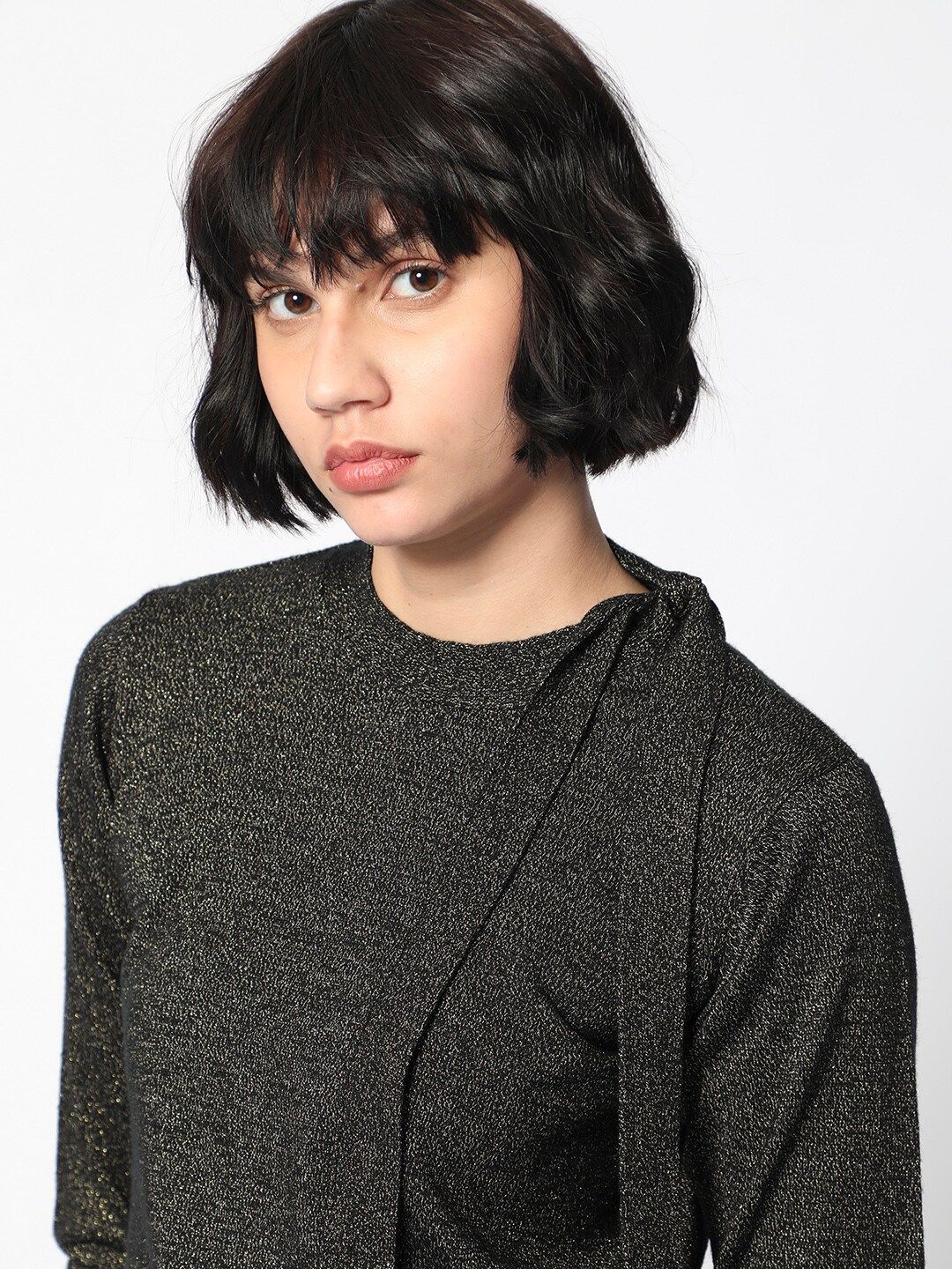 RAREISM Self Design Tie Ups Detail Long Sleeves Shimmer Top