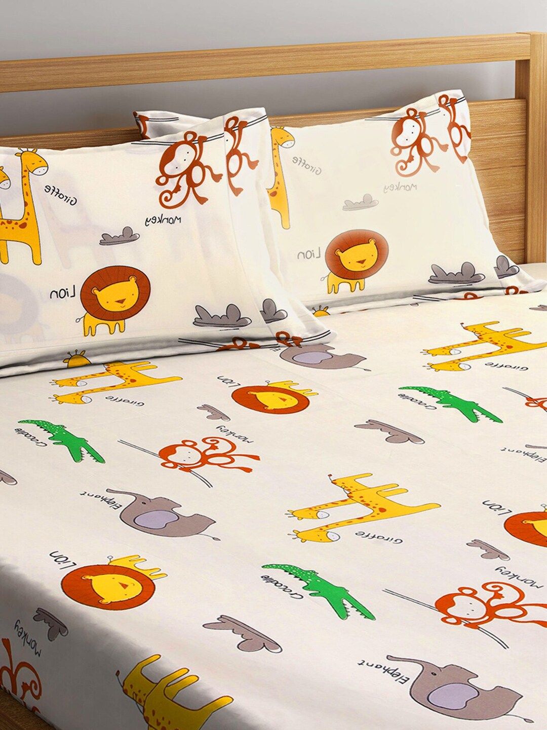 Multicoloured Cartoon Printed 300 TC 1 King Bedsheet with 2 Pillow Covers