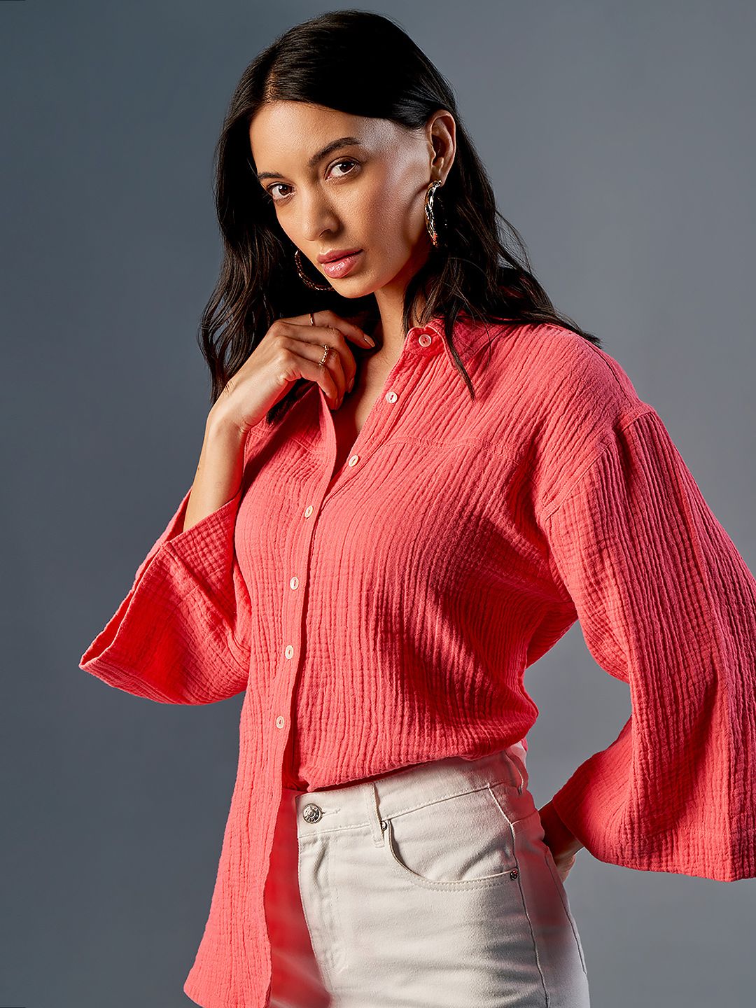 AND Shirt Collar Flared Sleeve Cotton Shirt Style Top