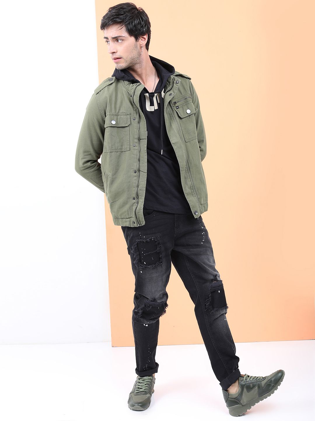 HIGHLANDER Men Olive Green Capulet Denim Jacket