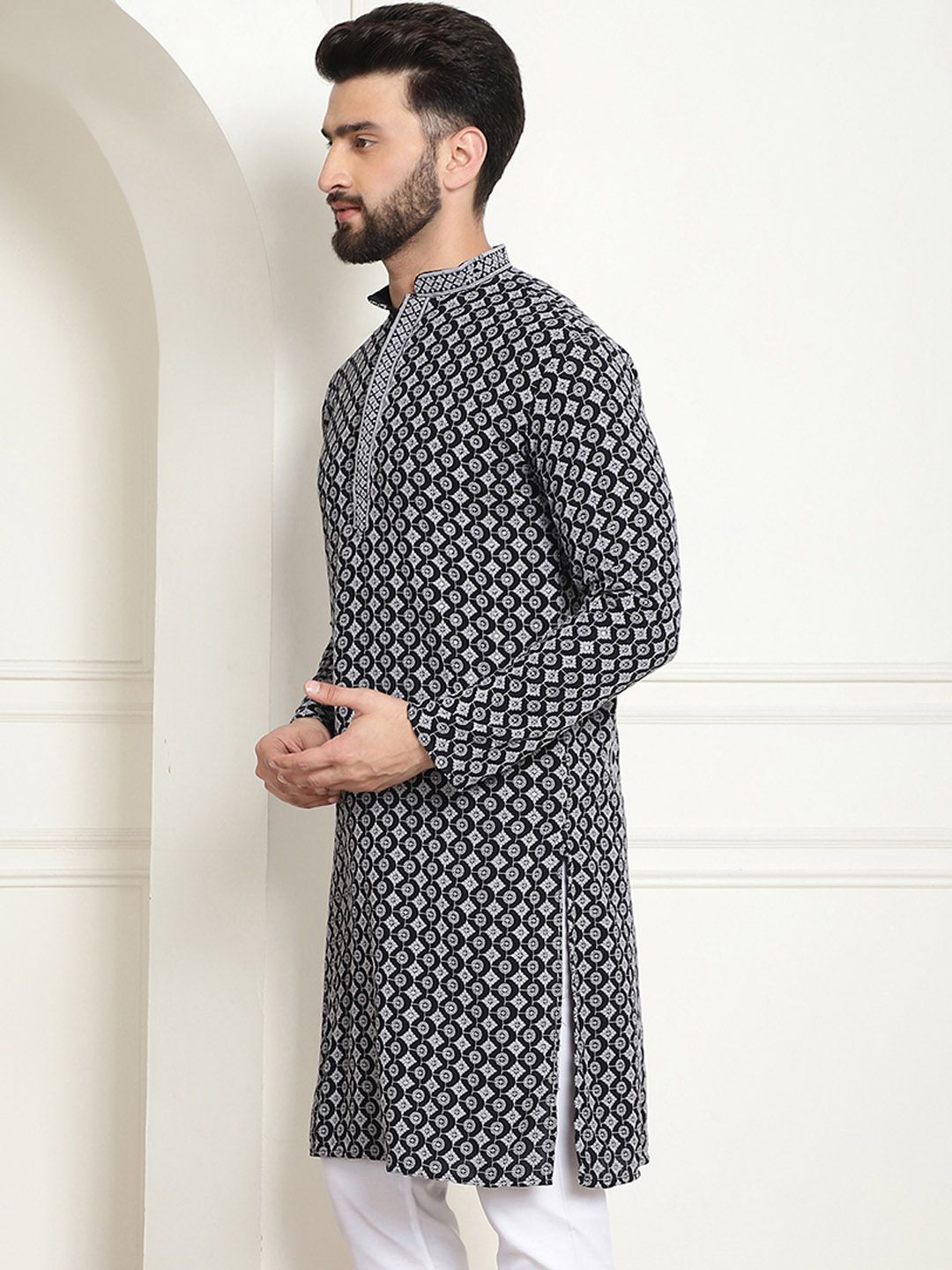 SOJANYA Kurta Katun Tulen Bersulam Geometrik Kolar Mandarin Lurus