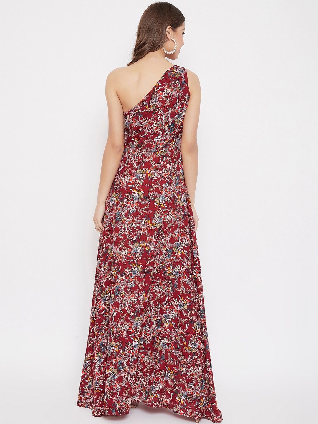 Berrylush Women Maroon & Off-White Floral Printed One Shoulder Maxi Dress