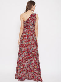 Berrylush Women Maroon & Off-White Floral Printed One Shoulder Maxi Dress