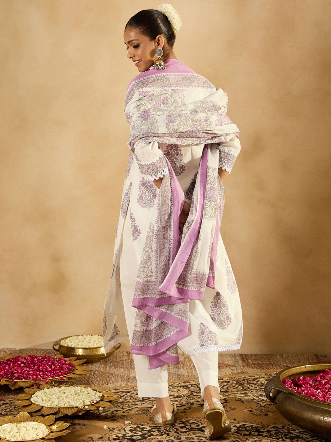 Indo Era Women Floral Printed Regular Sequinned Pure Cotton Kurta with Trousers & With Dupatta