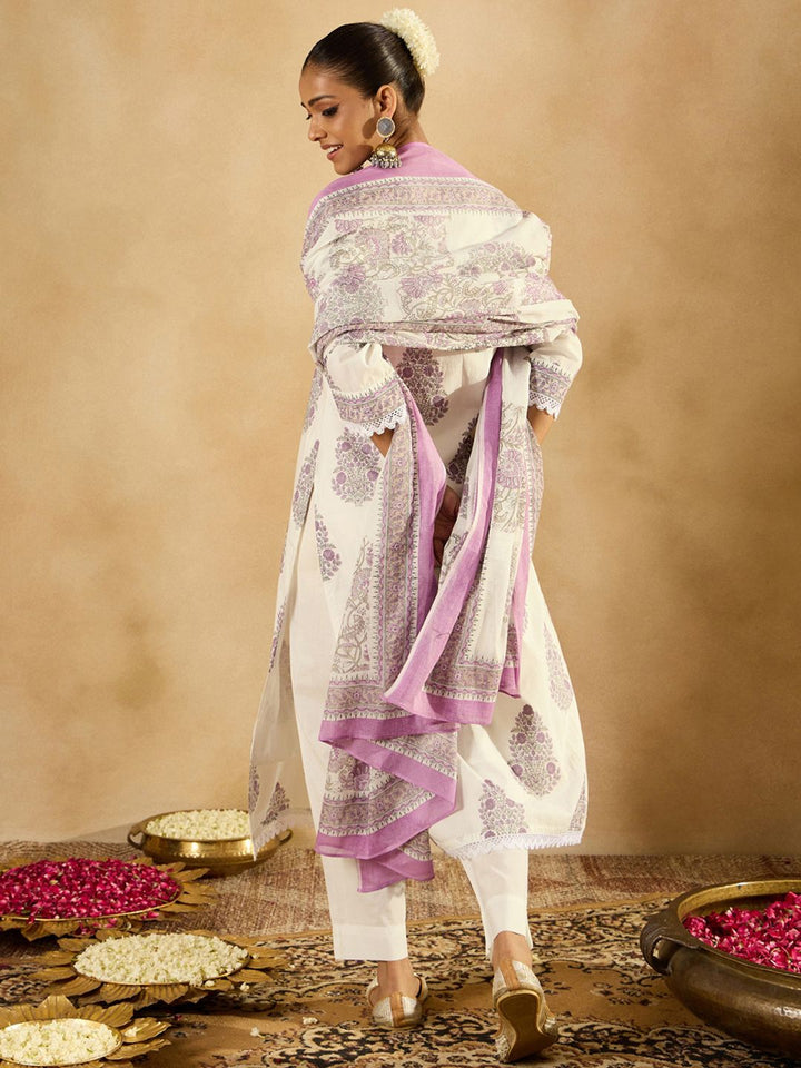 Indo Era Women Floral Printed Regular Sequinned Pure Cotton Kurta with Trousers & With Dupatta