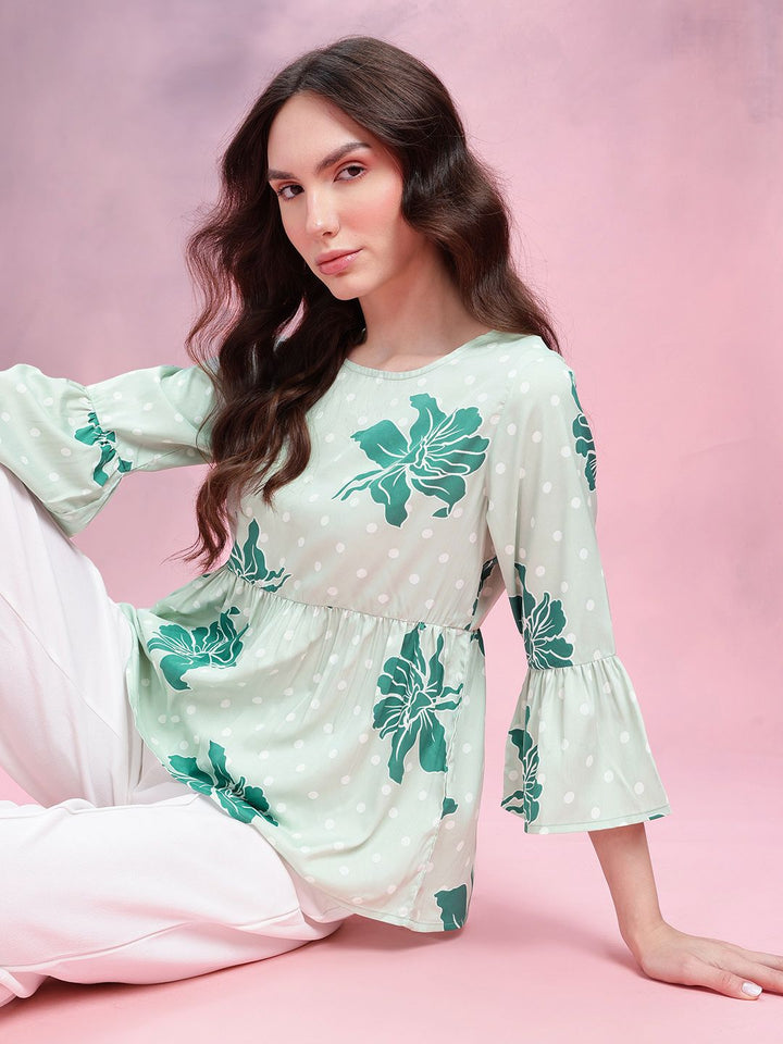 DressBerry Floral Print Gathered Detail Bell Sleeves Peplum Top
