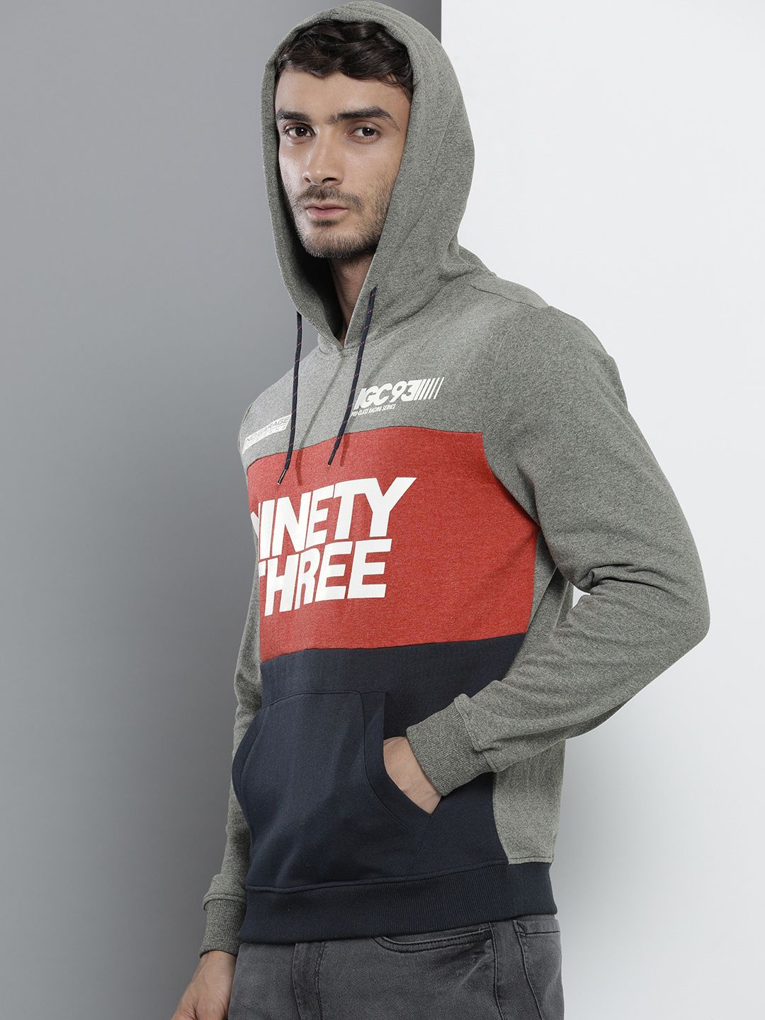 The Indian Garage Co Men Charcoal Colourblocked Hooded Sweatshirt