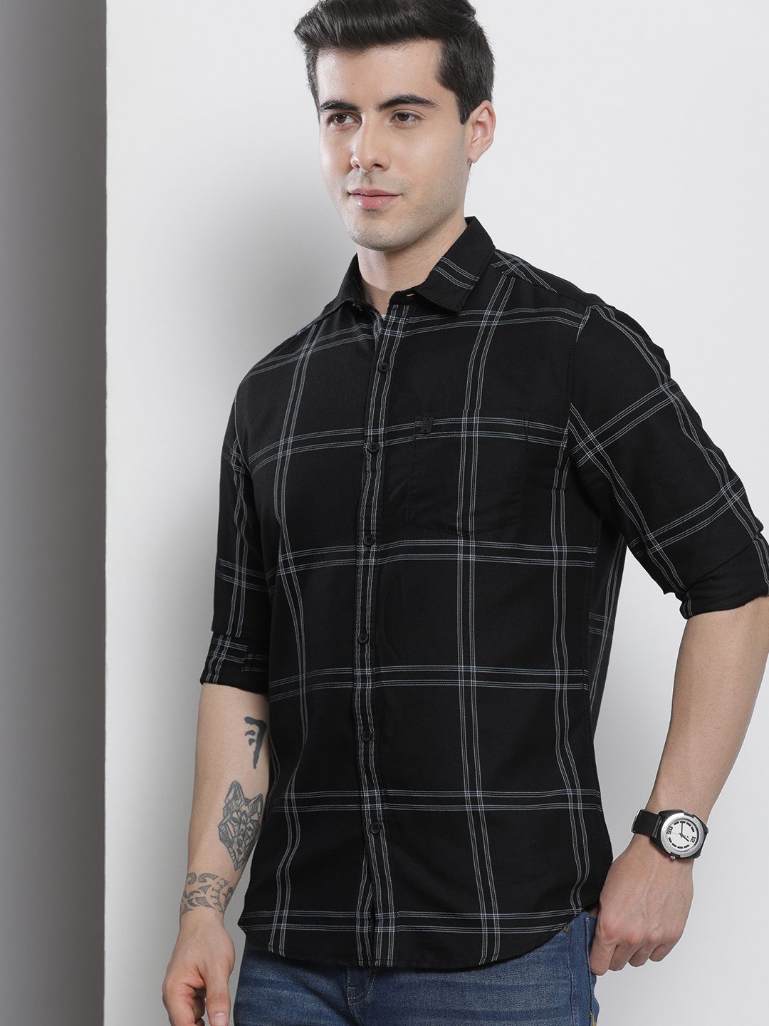The Indian Garage Co Men Black & White Checked Pure Cotton Casual Shirt