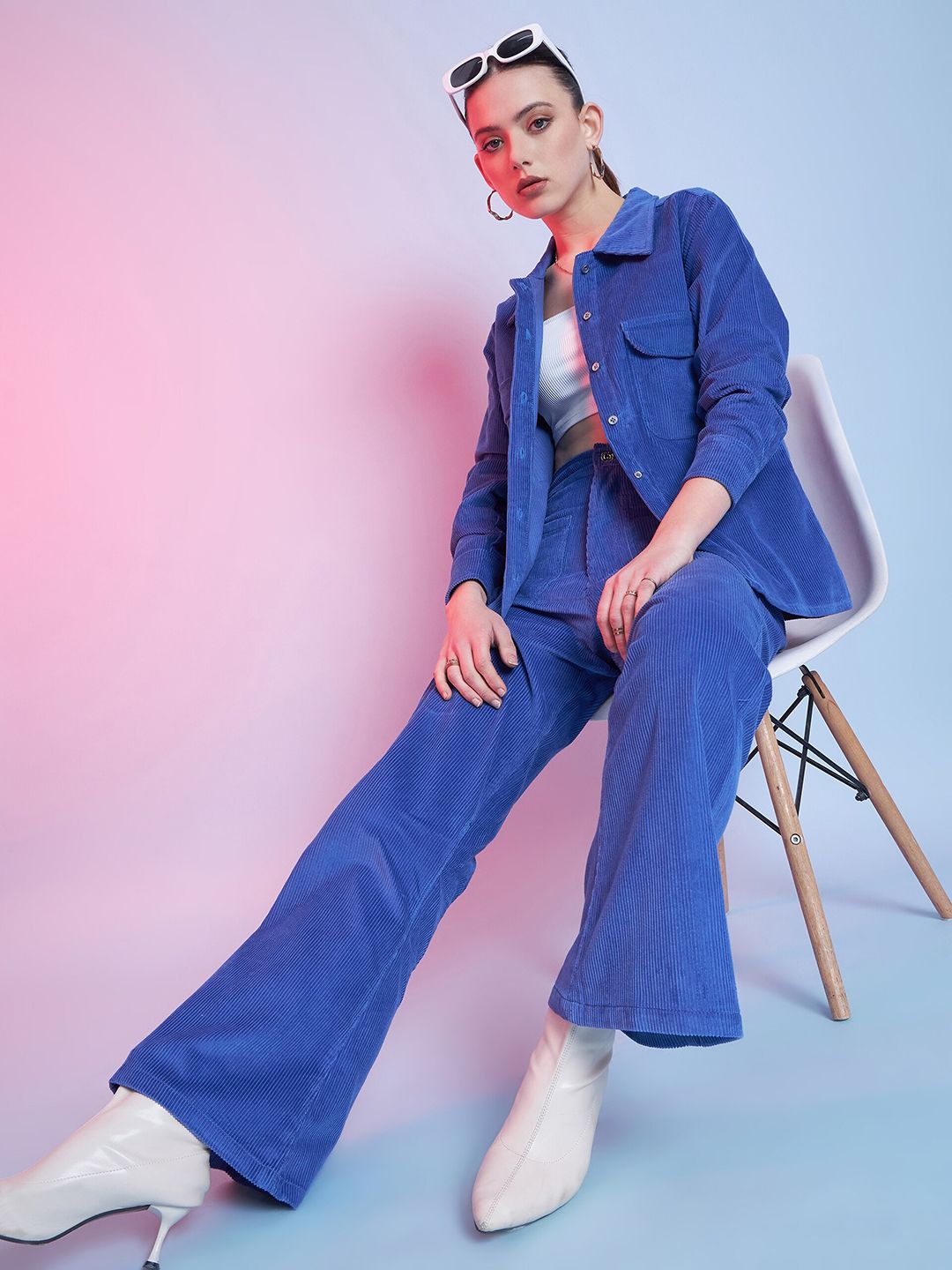 STREET 9 Women Blue Cotton Relaxed Flared Fit Mid-Rise Casual Bootcut Trousers