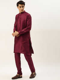SOJANYA Men Maroon & Mustard Yellow Kurta with Churidar And Nehru Jacket