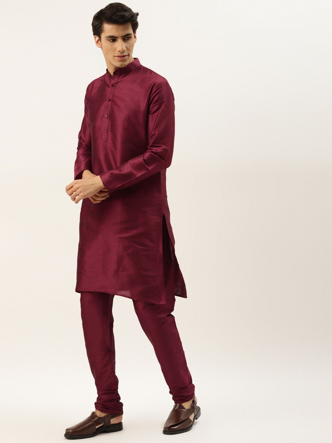 SOJANYA Men Maroon & Mustard Yellow Kurta with Churidar And Nehru Jacket