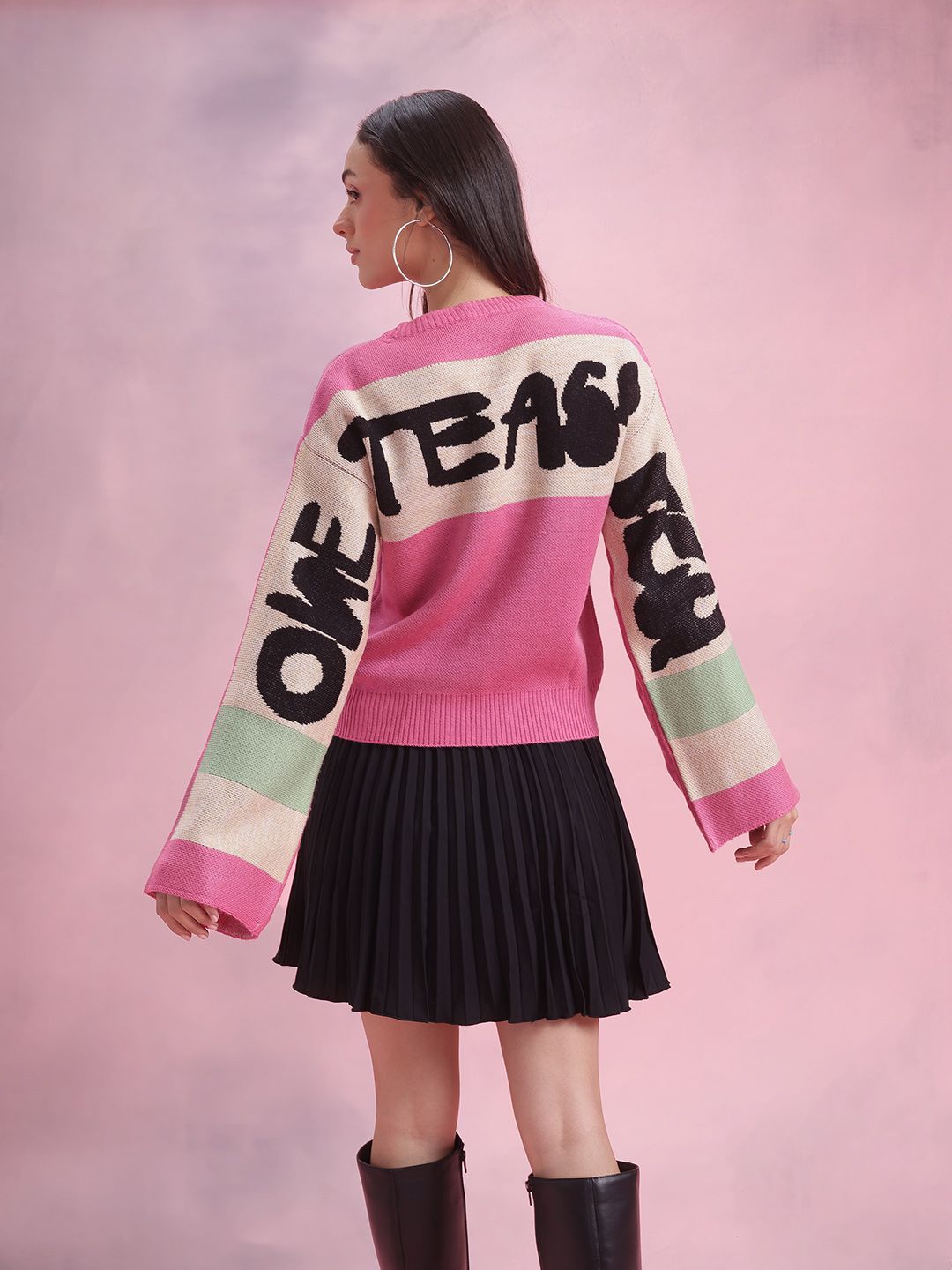 DressBerry Typography Colourblocked Flared Sleeve Pullover