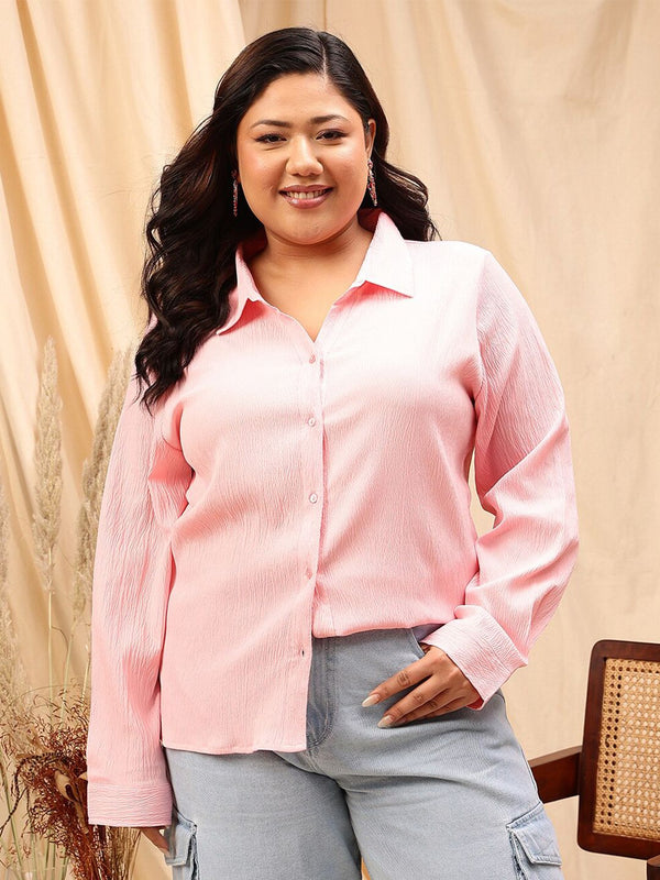 CURVY STREET Pink Comfort Spread Collar Self Design Curved Casual Shirt