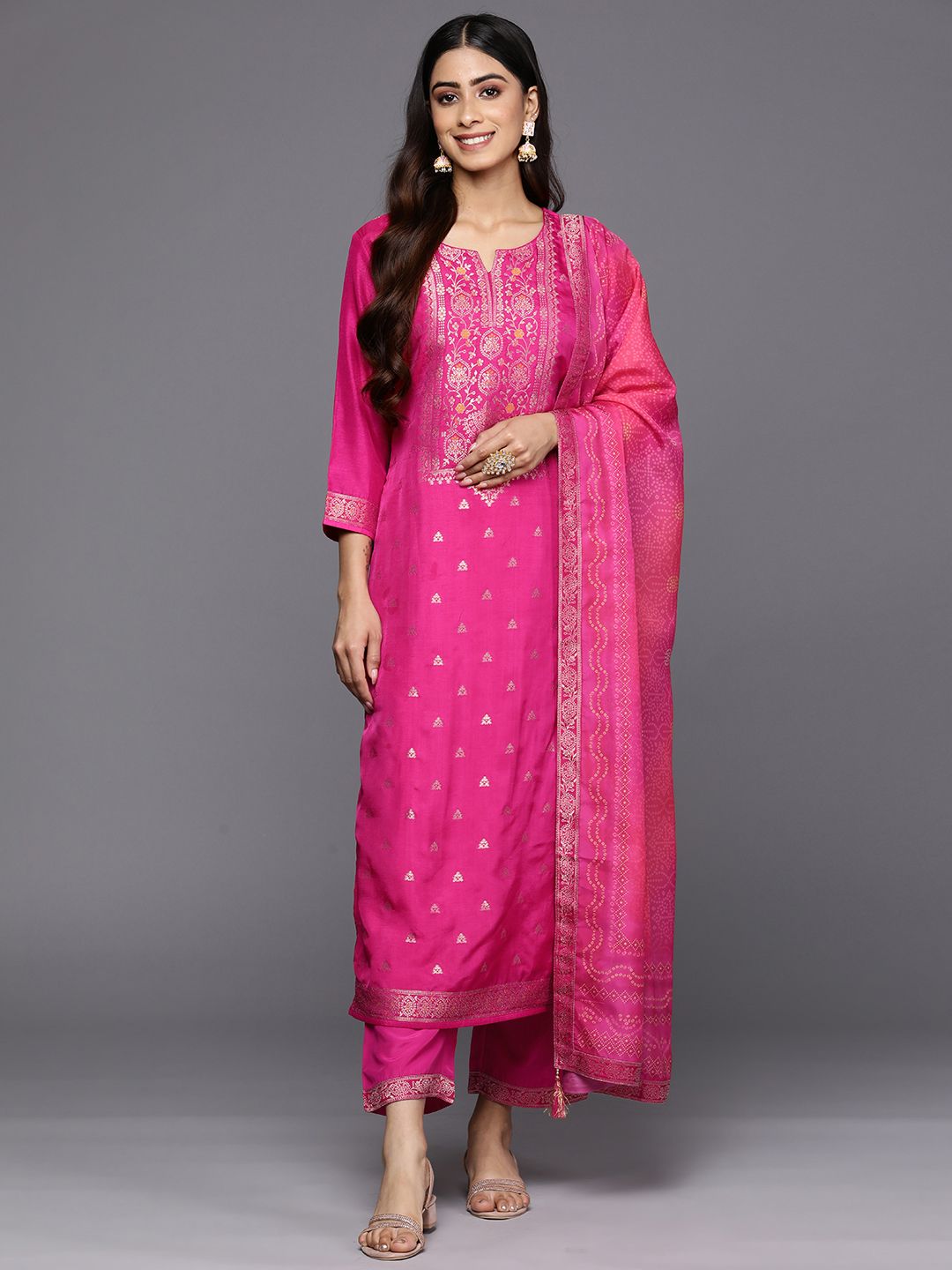 Libas Women Magenta Floral Kurta with Trousers & With Dupatta