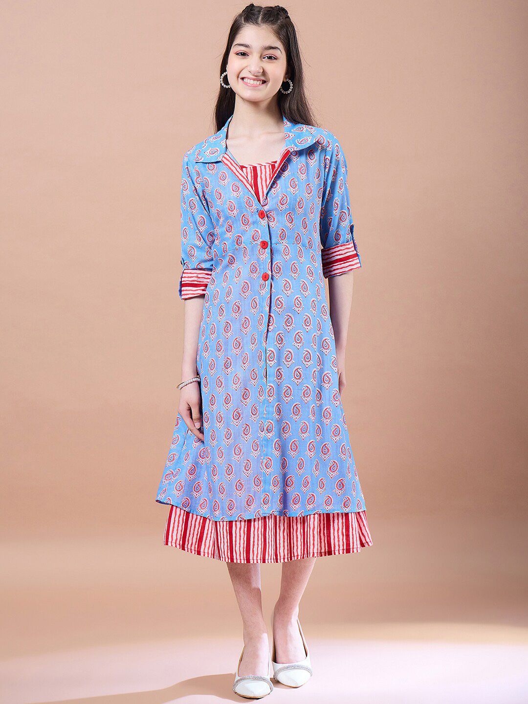 pspeaches Girls Ethnic Motifs Print Cotton  Round Neck A-Line Midi Dress With Shrug