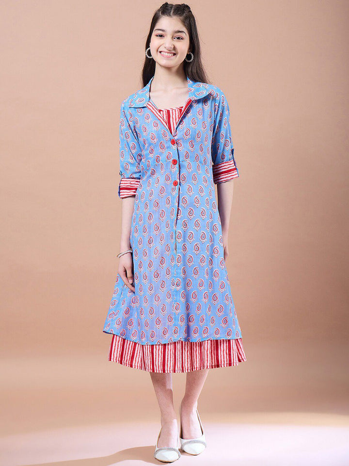 pspeaches Girls Ethnic Motifs Print Cotton  Round Neck A-Line Midi Dress With Shrug