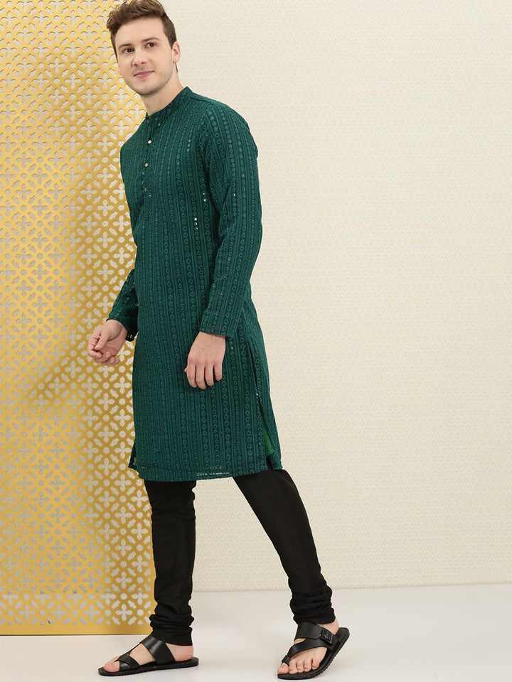 House of Pataudi Men Green Sequins Embellished Mandarin Collared Straight Kurta