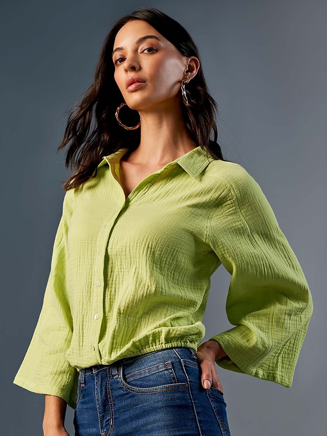 AND Self Design Flared Sleeve Pure Cotton Shirt Style Top