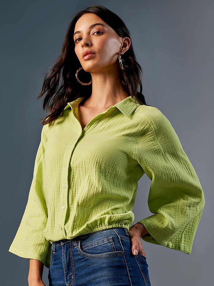 AND Self Design Flared Sleeve Pure Cotton Shirt Style Top
