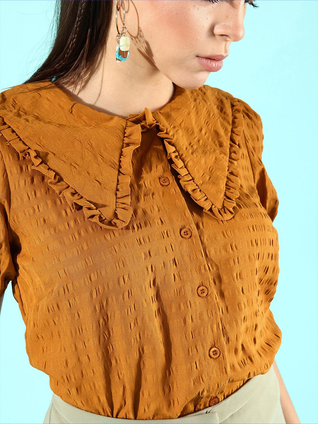 DressBerry Women Chic Brown Textured Statement Collar Shirt