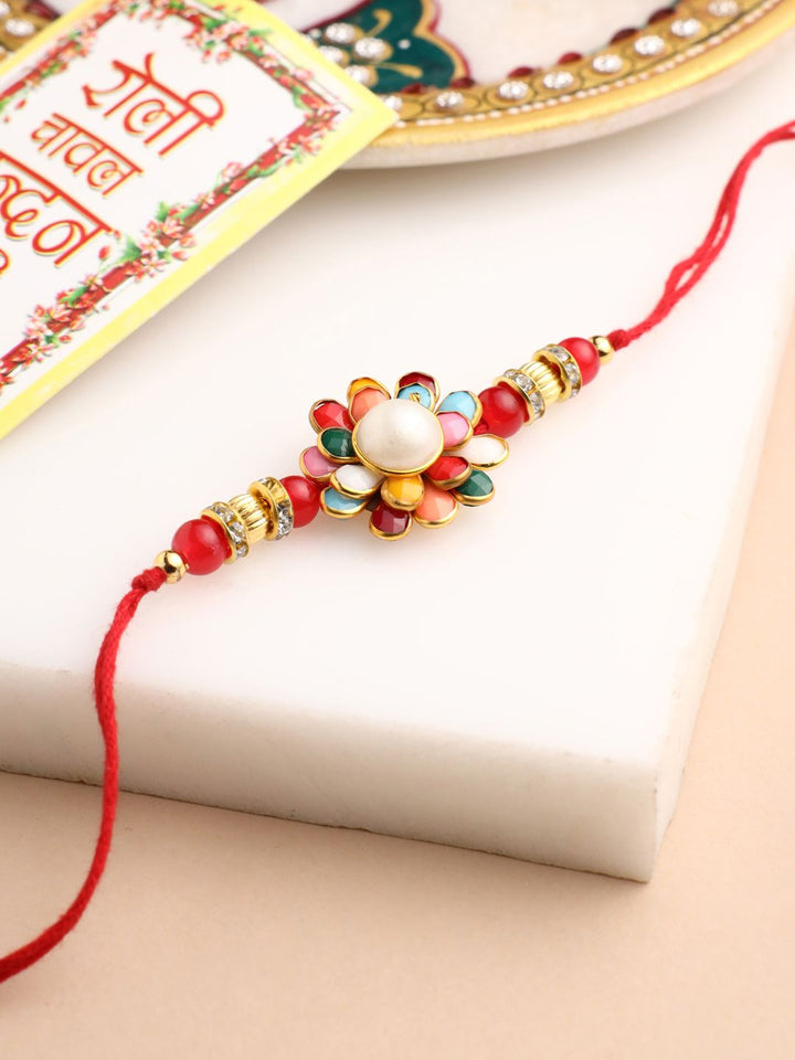 NVR Unisex Multicolor Beads &amp; Pearls Floral Benang Rakhi Roli Chawal Chandan Mishri