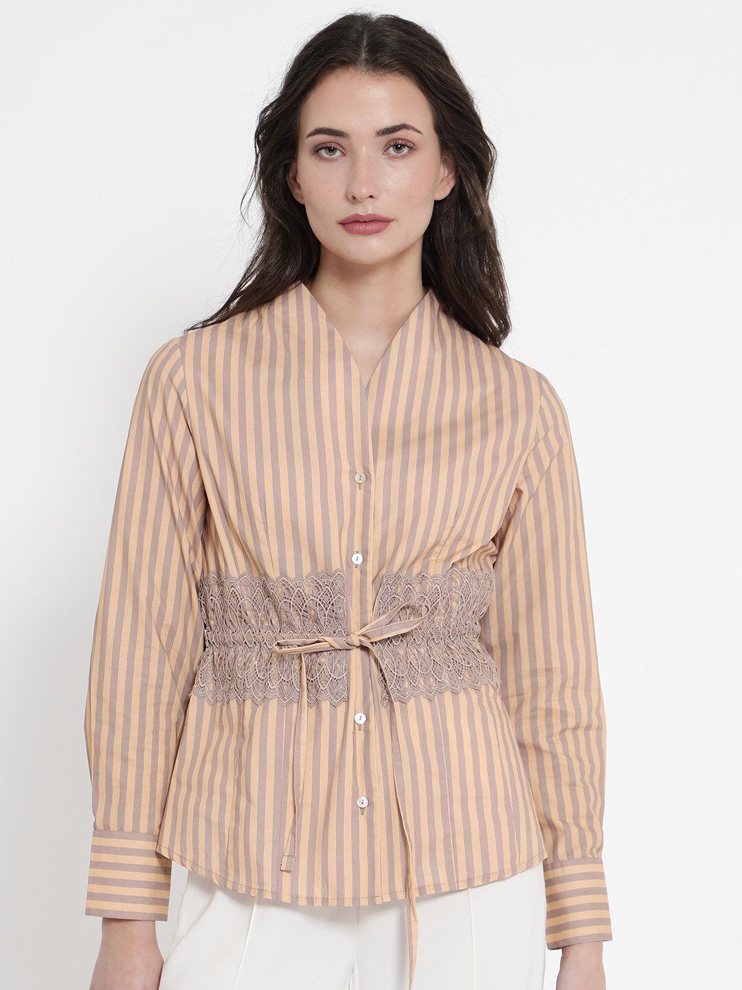 RAREISM Striped Dooze Regular Fit Waist Tie-Up Cuffed Sleeves Cotton Shirt Style Top