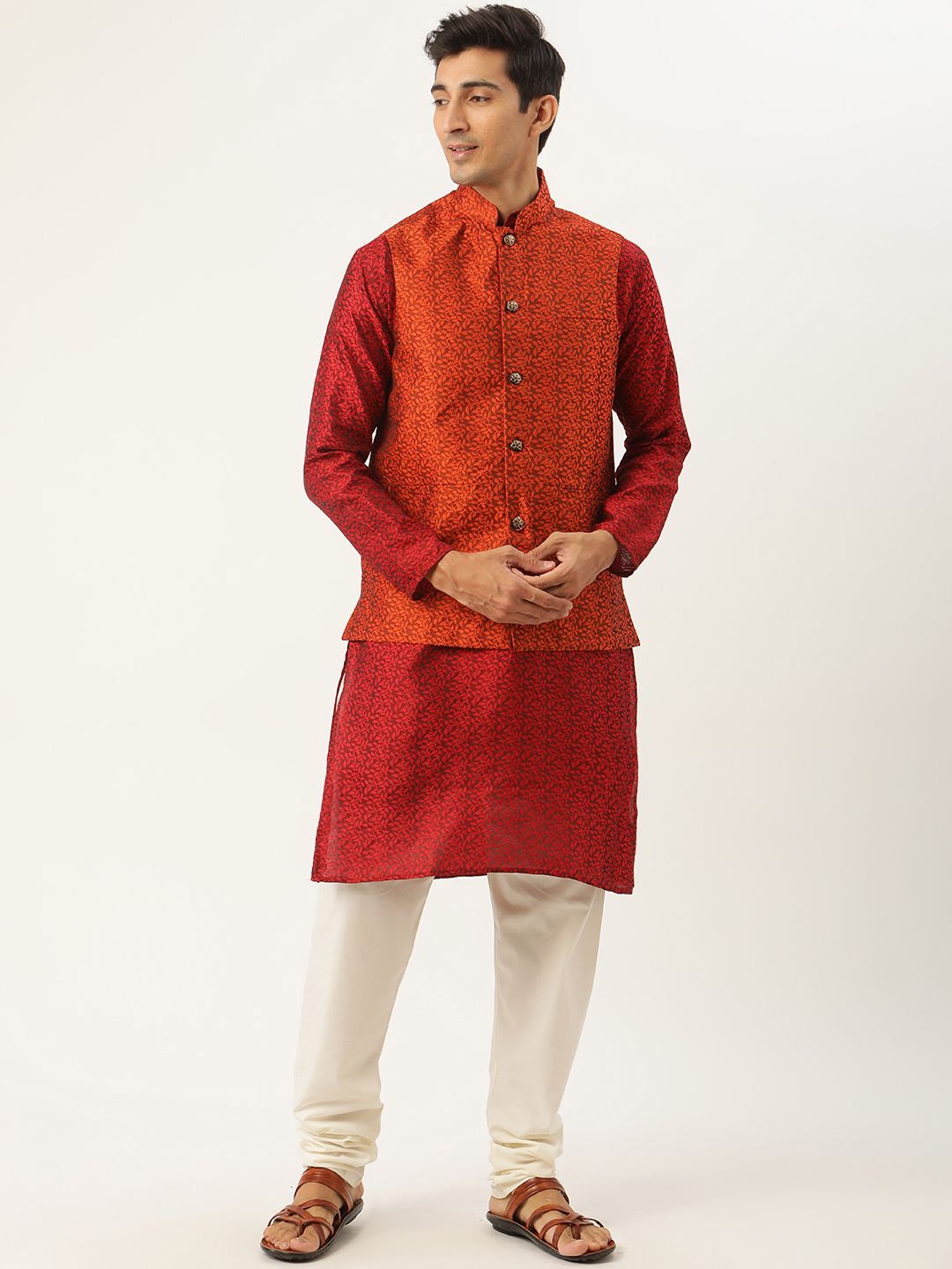 SOJANYA Men Maroon Jacquard Silk Kurta with Churidar & Nehru Jacket