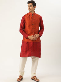 SOJANYA Men Maroon Jacquard Silk Kurta with Churidar & Nehru Jacket