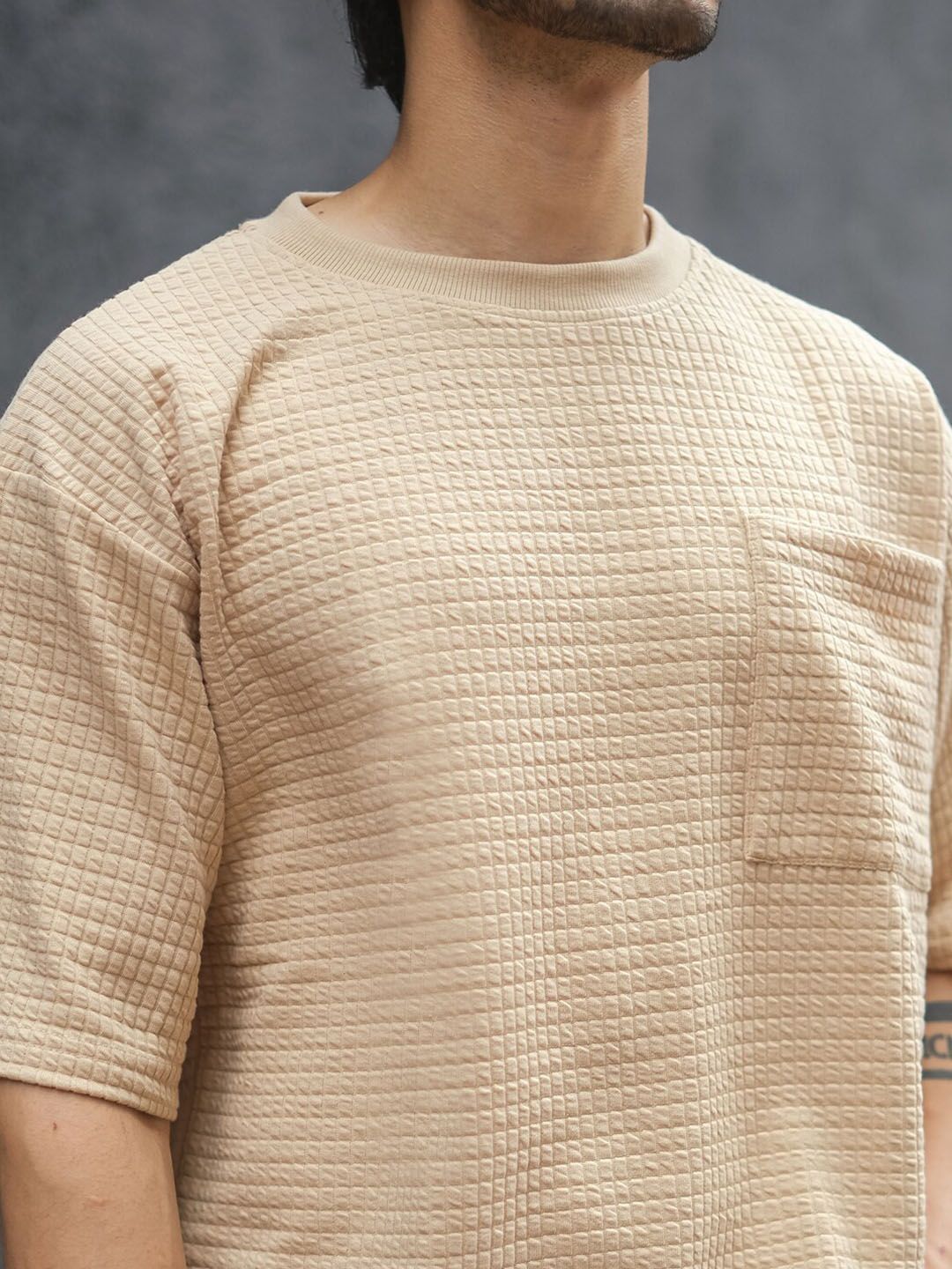 Powerlook Beige Striped Drop-Shoulder Sleeves Oversized T-shirt