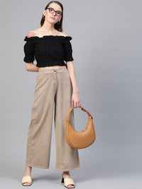 SASSAFRAS Women Beige Regular Fit Solid Denim Parallel Trousers