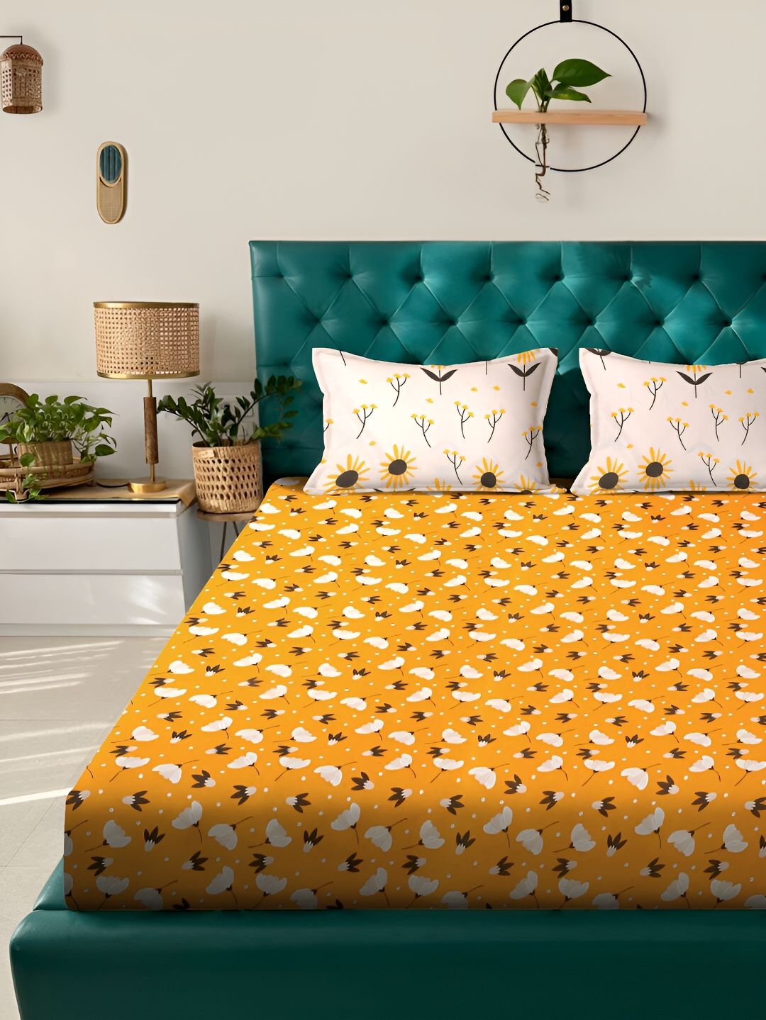 KLOTTHE Yellow & White Floral 300TC Double King Cadar Dengan 2 Sarung Bantal