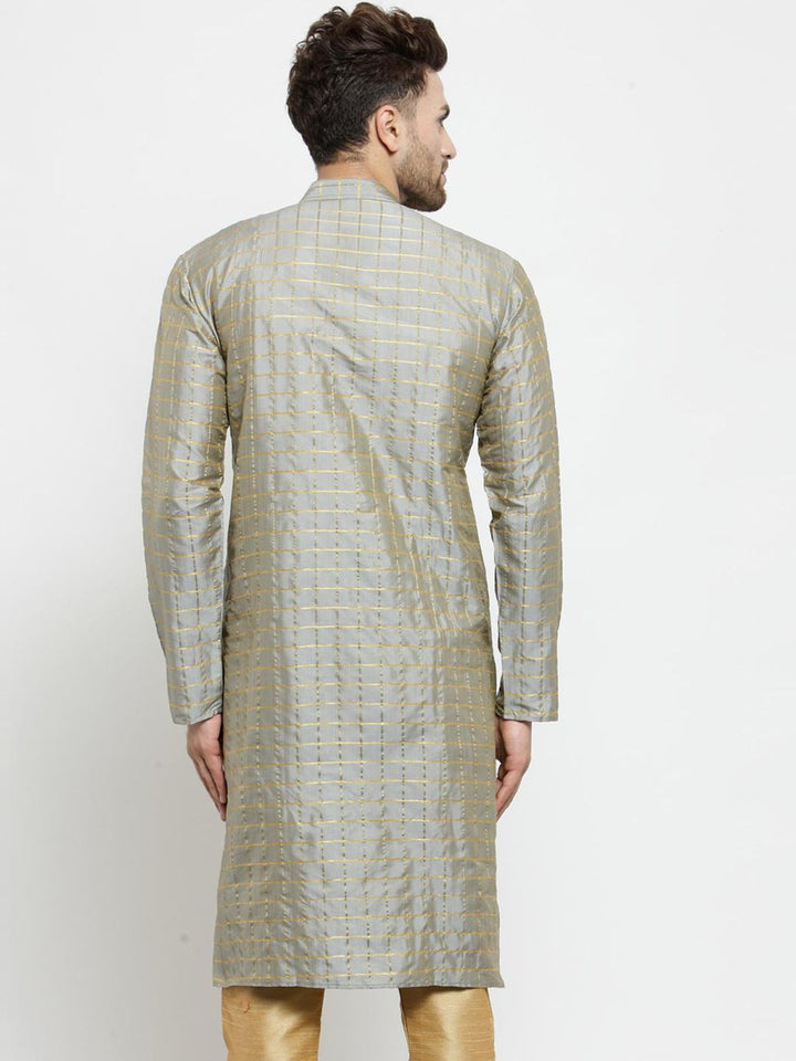 SOJANYA Men Grey & Gold-Toned Checked Straight Kurta