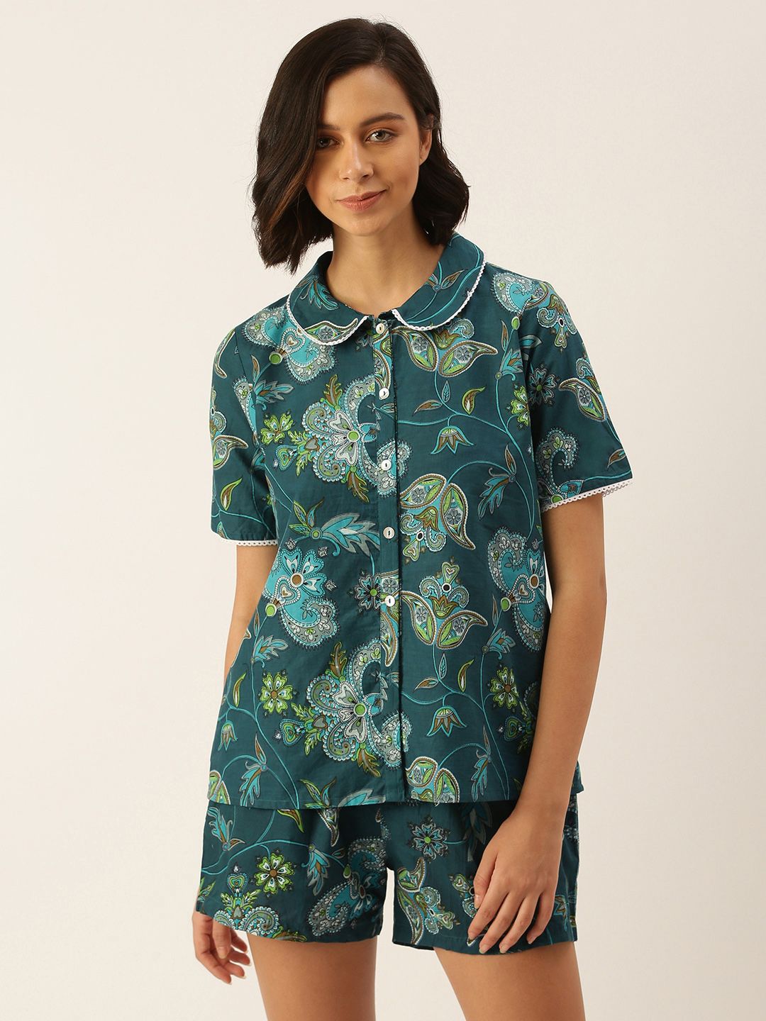 SANSKRUTIHOMES Women Green Pure Cotton Printed Shorts Set