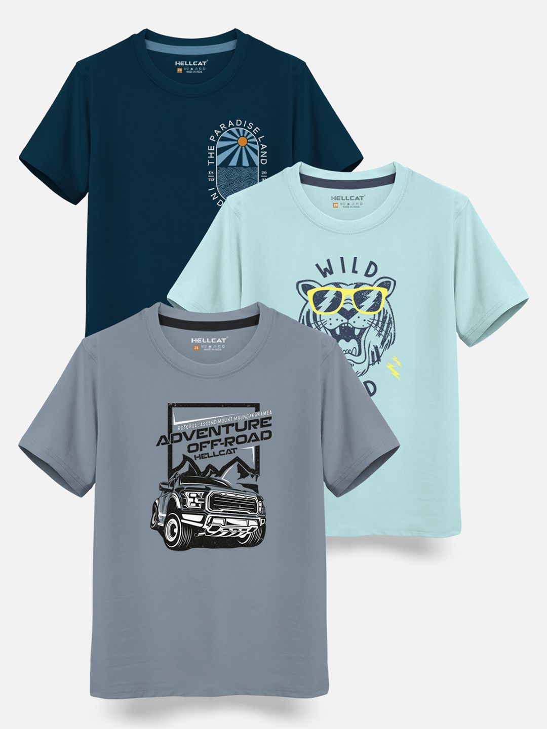 HELLCAT Boys Pack Of 3 Printed Cotton T-shirt