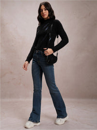Tokyo Talkies Black Embellished High Neck Acrylic Pullover