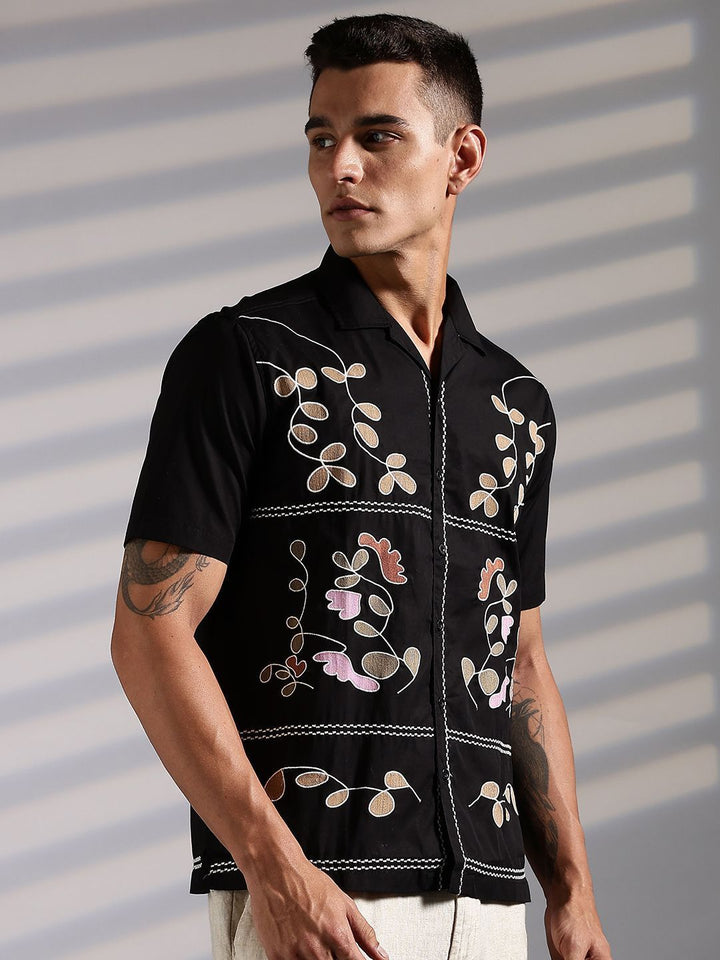 Eszett Men Floral Printed Cuban Collar Cotton Baju Kasual
