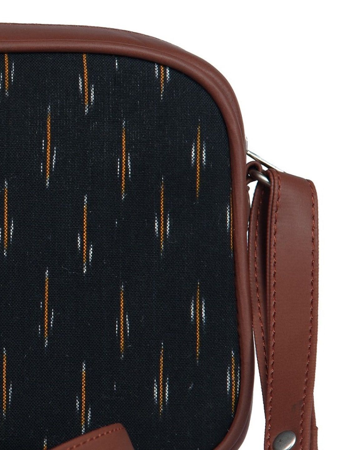 ZOUK Black & Orange Ikkat Woven Design Handcrafted Vegan Leather Sustainable Sling Bag
