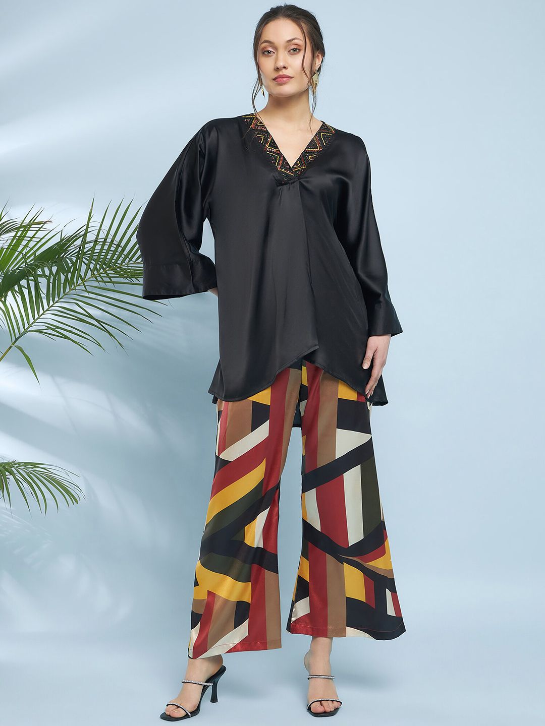 Antheaa Embellished Satin Top With Trousers