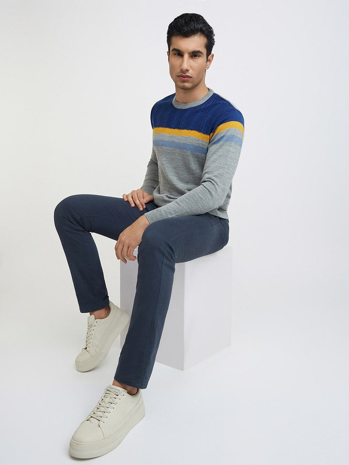 Raymond Men Grey Melange & Blue Colourblocked Pullover