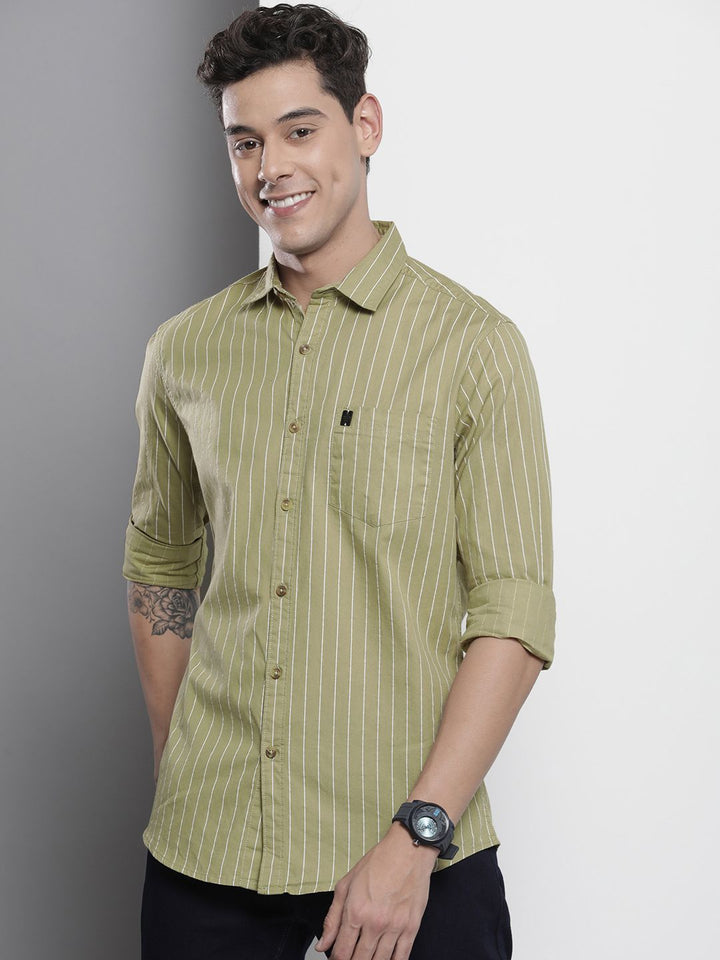 The Indian Garage Co Men Olive Green & White Striped Cotton Casual Shirt
