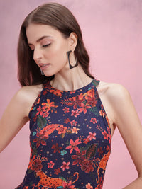 DressBerry Floral Print Halter Neck Fit & Flare Dress