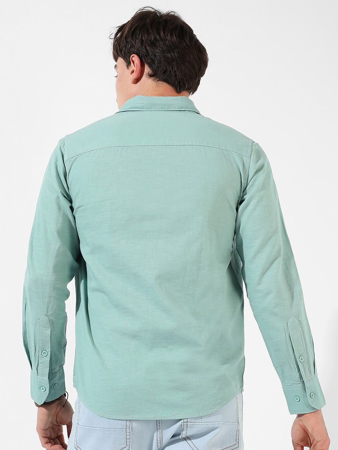 Campus Sutra Green Spread Collar Classic Fit Cotton Casual Shirt